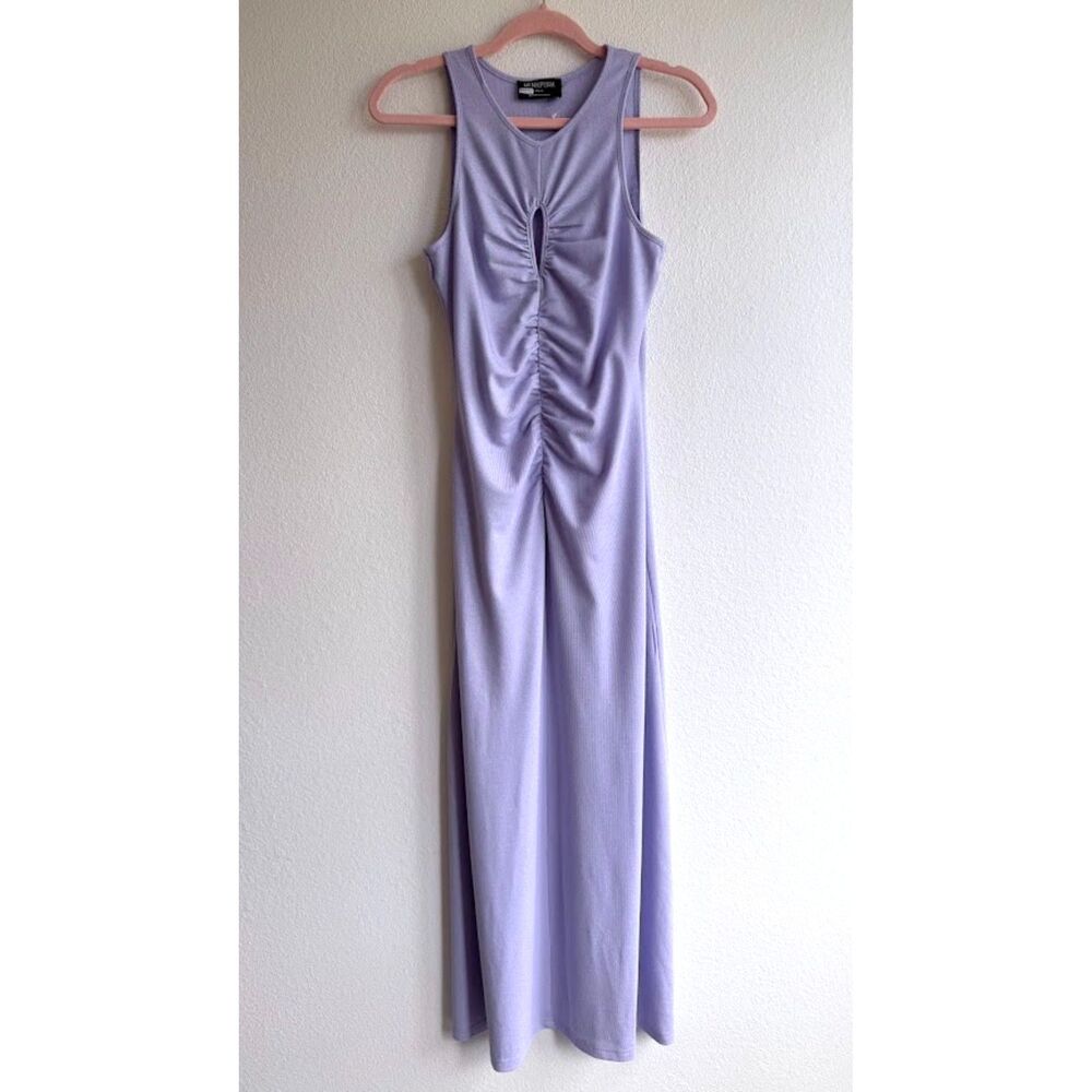 Minkpink Electra Ruched Shimmer Keyhole Midi Dress in Shimmer Purple M NWOT